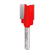 Red and silver double flute straight router bit with 11/16" diameter cutting head and metal shank.