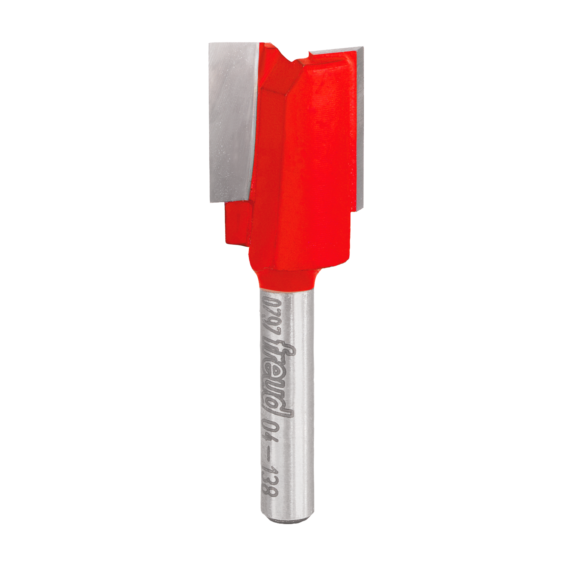 Red and silver double flute straight router bit with 11/16" diameter cutting head and metal shank.