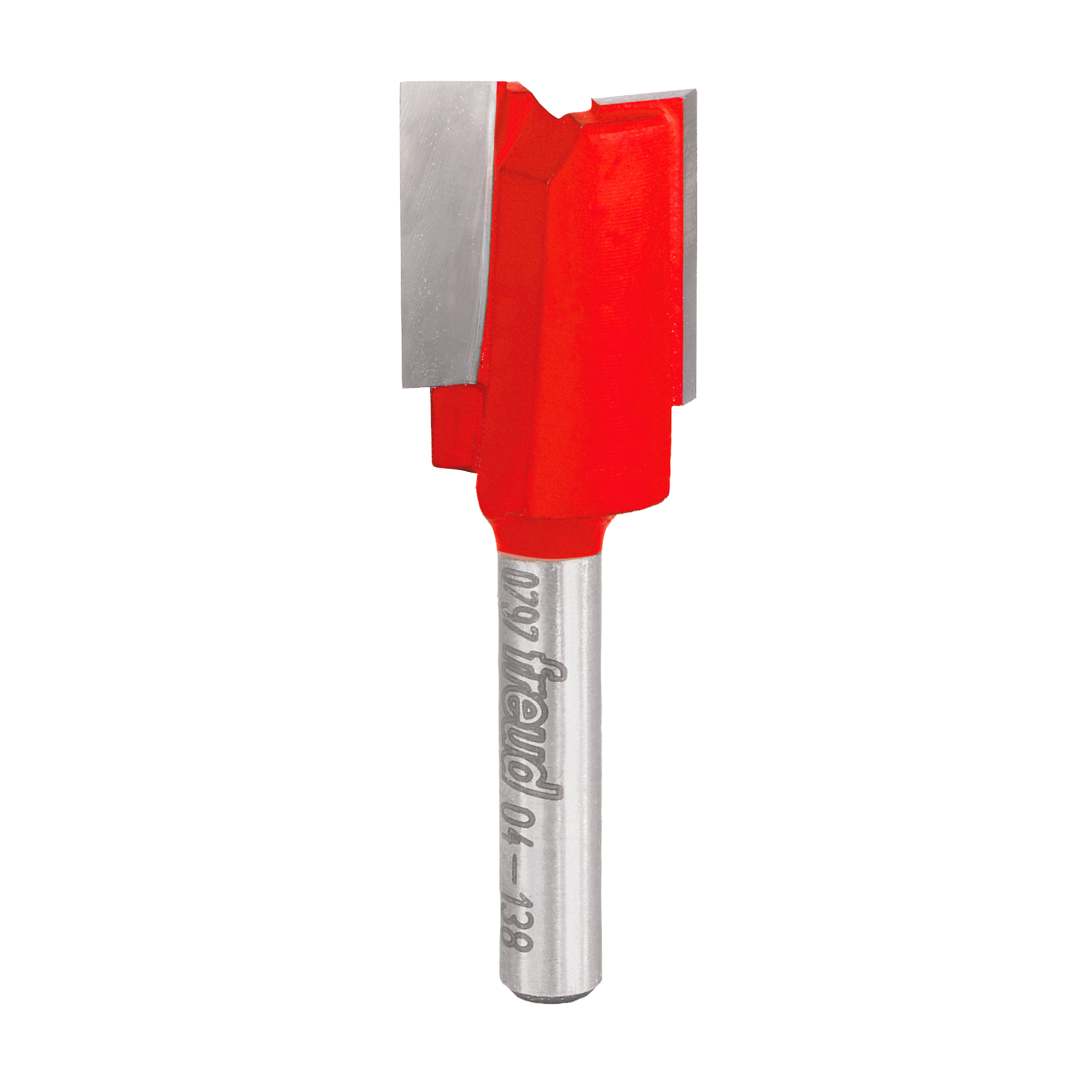 Red and silver double flute straight router bit with 11/16" diameter cutting head and metal shank.