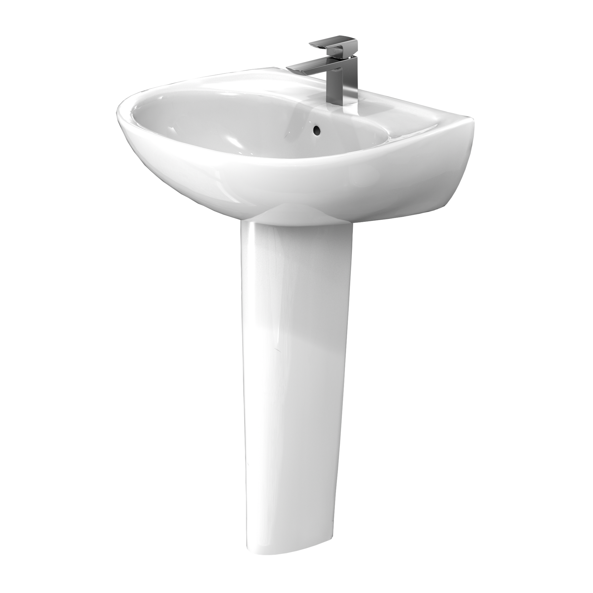 White oval pedestal sink with single-hole faucet mount and chrome faucet fixture.