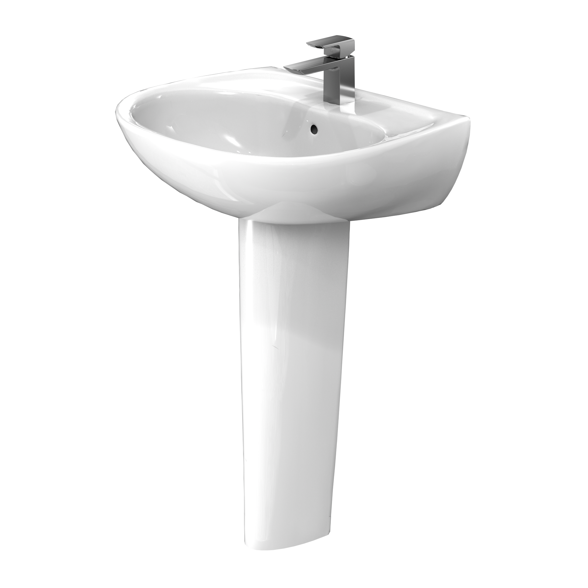 White oval pedestal sink with single-hole faucet mount and chrome faucet fixture.