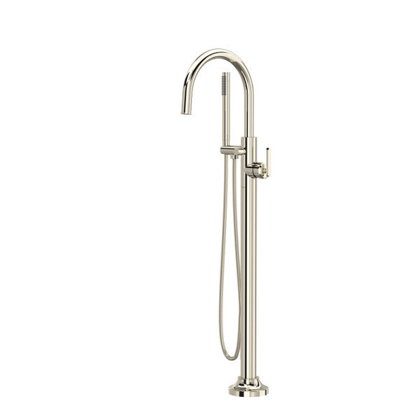 Polished nickel floor-mount tub filler with curved spout, hand shower, and lever control.