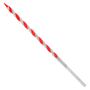 Long auger bit with red and gray twisted flutes and pointed tip for drilling wood.