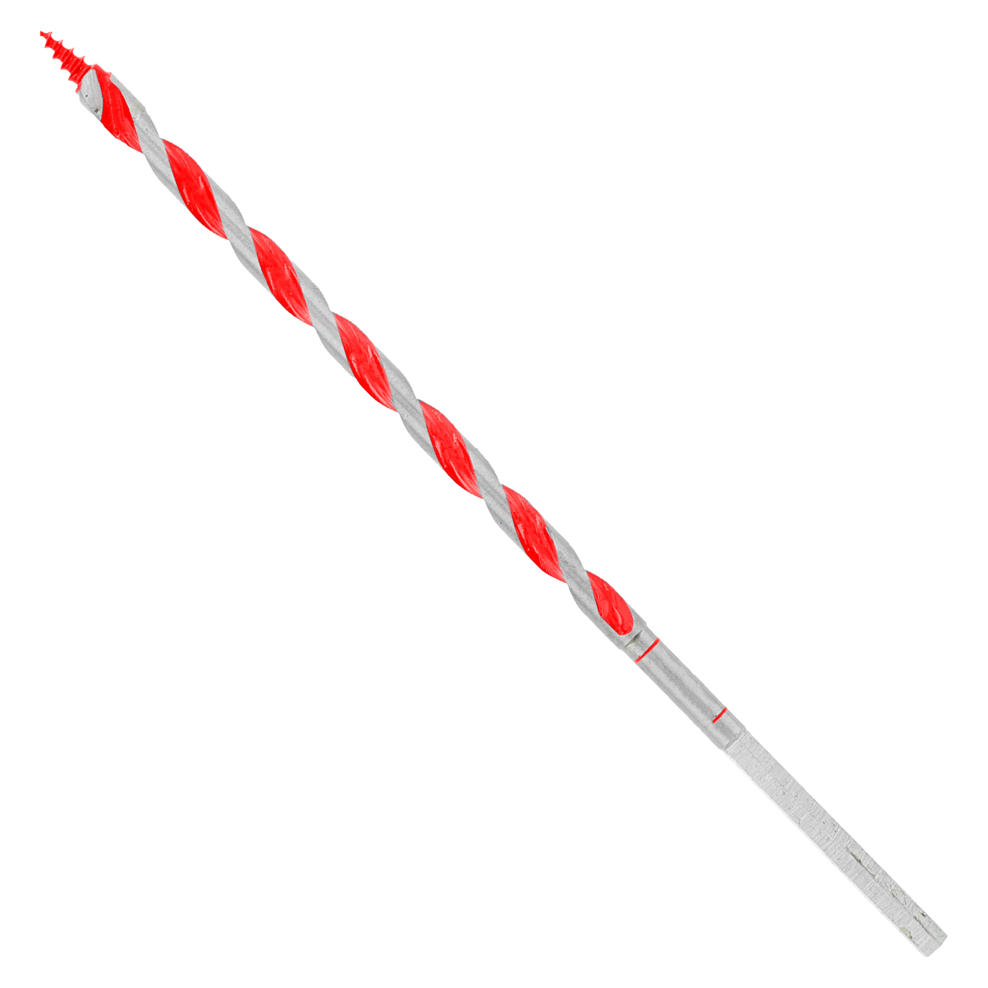 Long auger bit with red and gray twisted flutes and pointed tip for drilling wood.