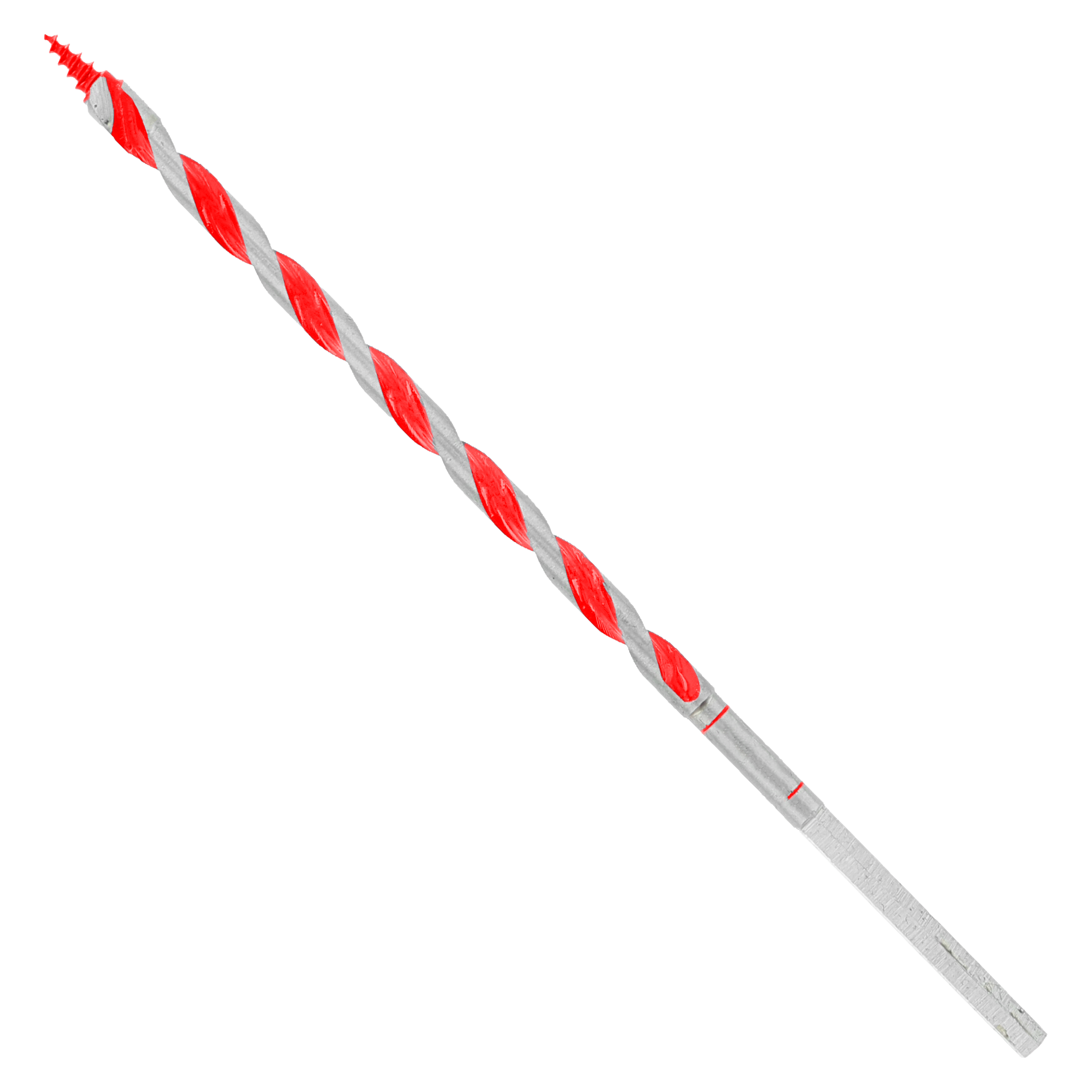 Long auger bit with red and gray twisted flutes and pointed tip for drilling wood.