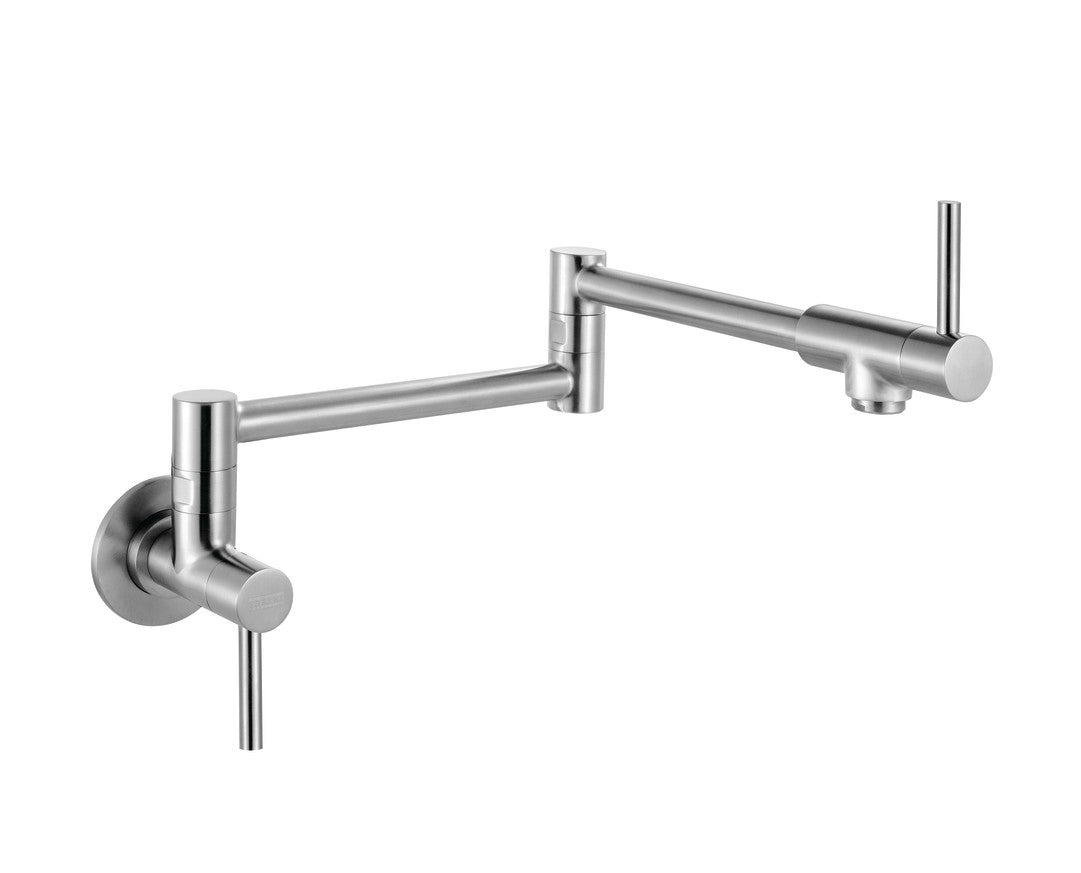 Stainless steel wall-mounted pot filler with articulated arms and single handle spout.