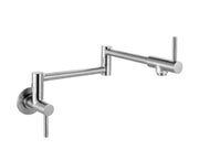 Stainless steel wall-mounted pot filler with articulated arms and single handle spout.