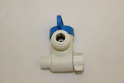 White plastic shut-off valve with blue lever handle and threaded male connection port.