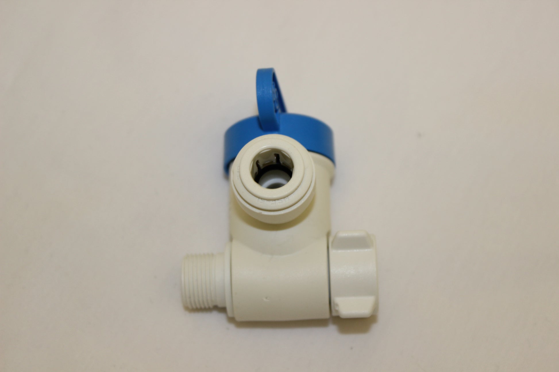 White plastic shut-off valve with blue lever handle and threaded male connection port.