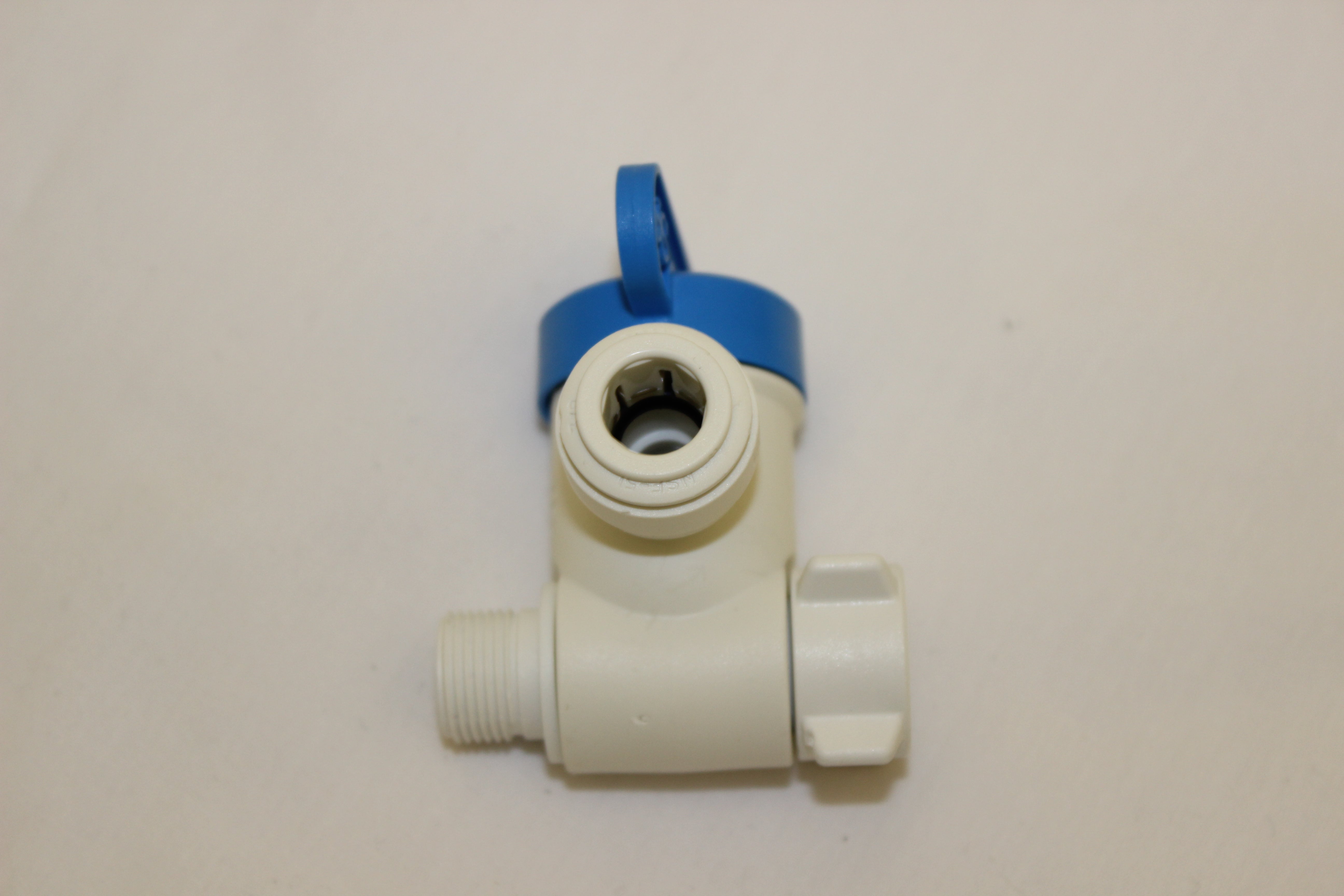 White plastic shut-off valve with blue lever handle and threaded male connection port.