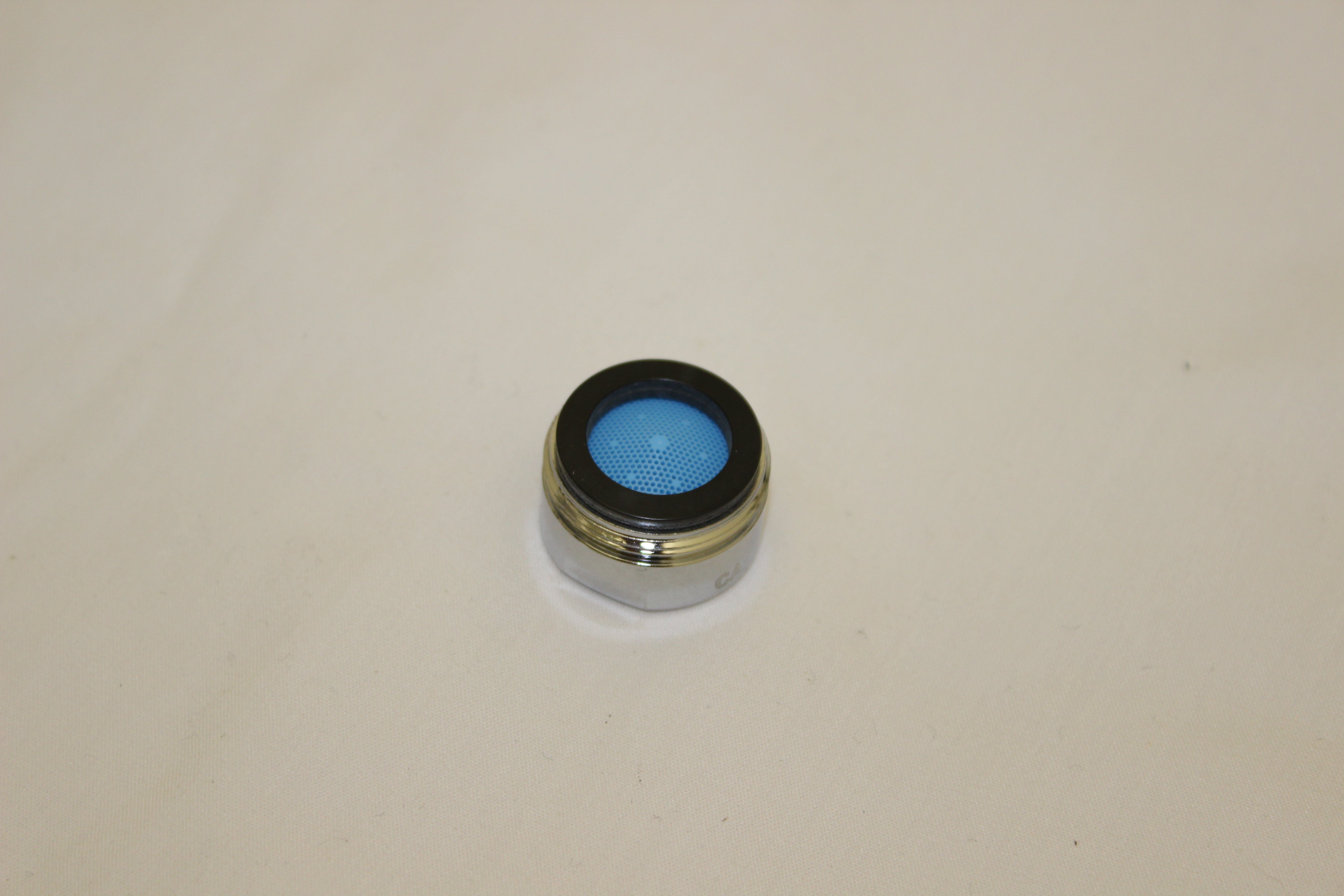 Chrome and black sprayhead aerator with blue mesh insert, circular design.