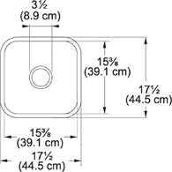 White fireclay undermount single bowl kitchen sink with rounded corners and drain hole, top view and dimension specifications