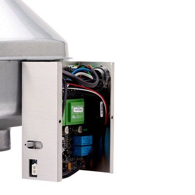 White 4-inch dryer exhaust duct power ventilator with visible internal components including wiring and control board.
