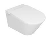 White wall-hung toilet with integrated bidet seat and control knob on left side.