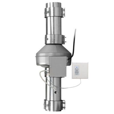 Stainless steel dryer exhaust duct power ventilator with 4-inch diameter duct connections and wall-mounted control unit.