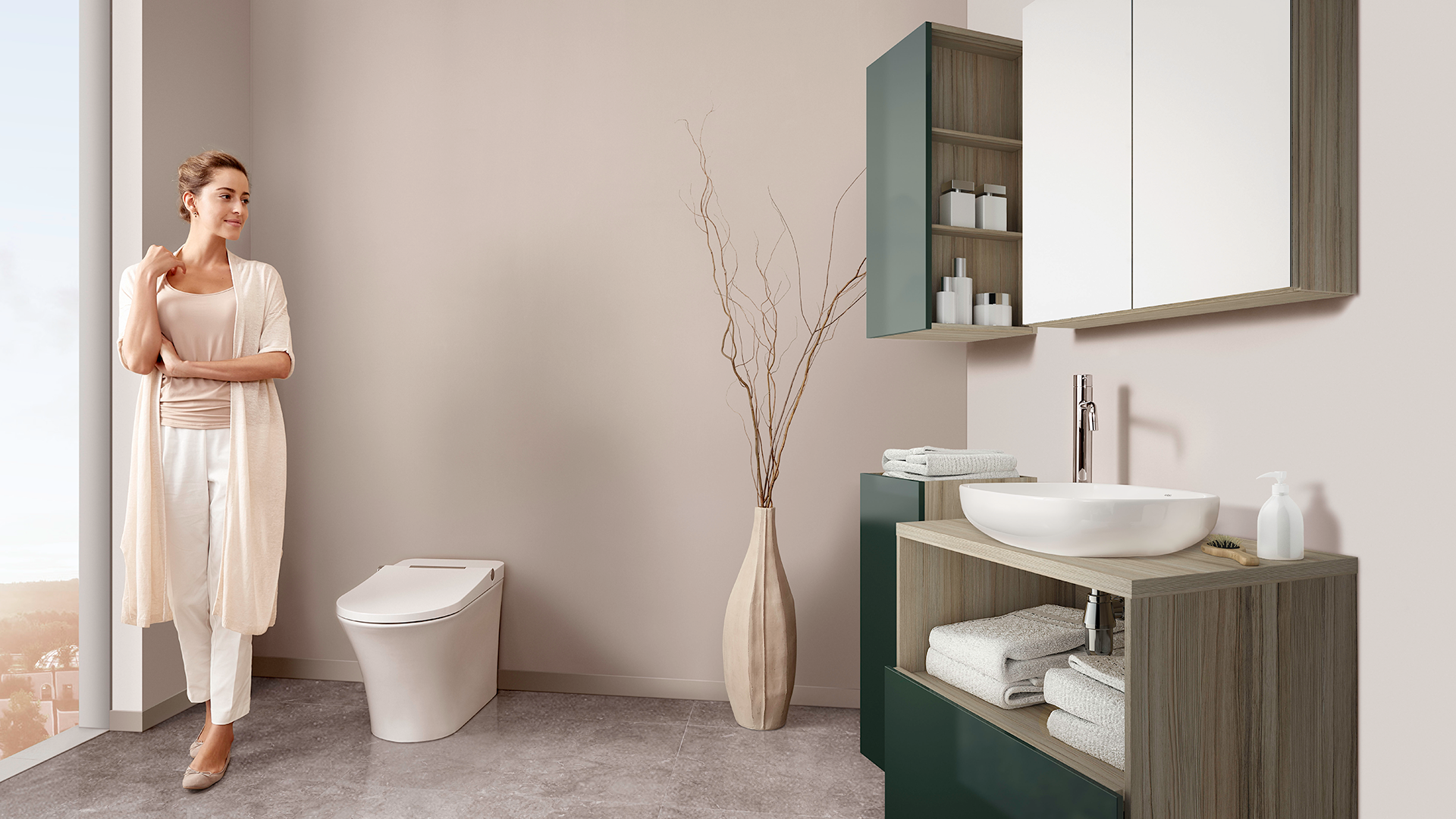 White oblong above-counter basin with chrome faucet mounted on wood vanity in bathroom setting.