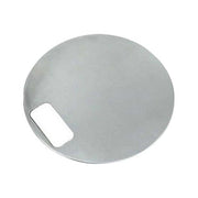 Stainless steel circular bowl cover with handle cutout for 15 inch sink opening.