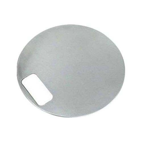 Stainless steel circular bowl cover with handle cutout for 15 inch sink opening.