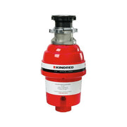 Kindred red and white waste disposer with black top collar and metal chamber, mounted unit view.