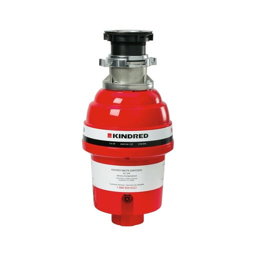 Kindred red and white waste disposer with black top collar and metal chamber, mounted unit view.