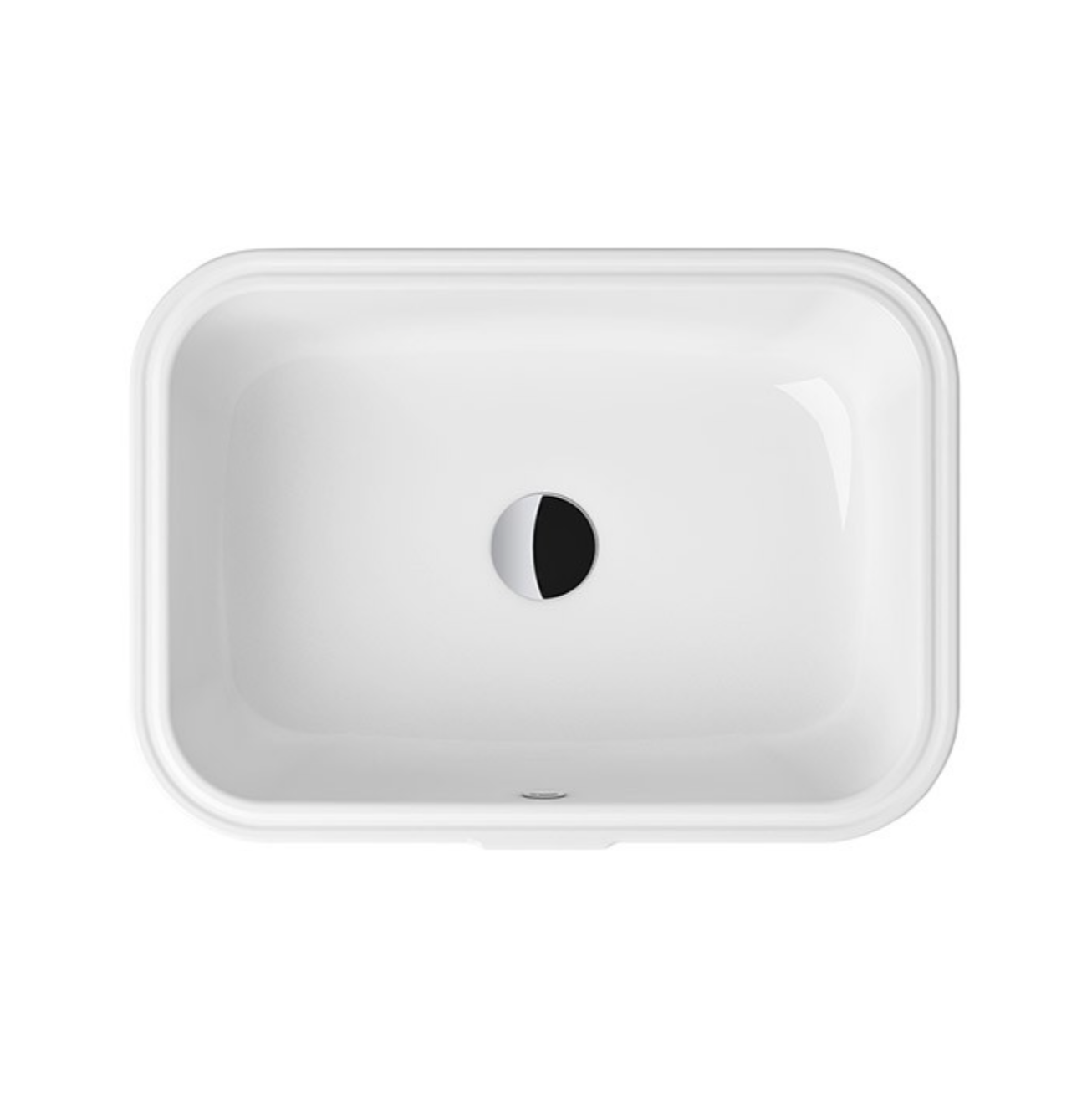 White rectangular under-counter basin with rounded corners and single drainage hole.