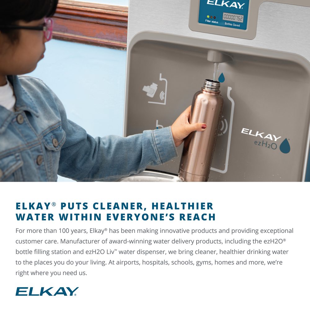 Person filling copper water bottle at Elkay ezH2O bottle filler station with filter status display.