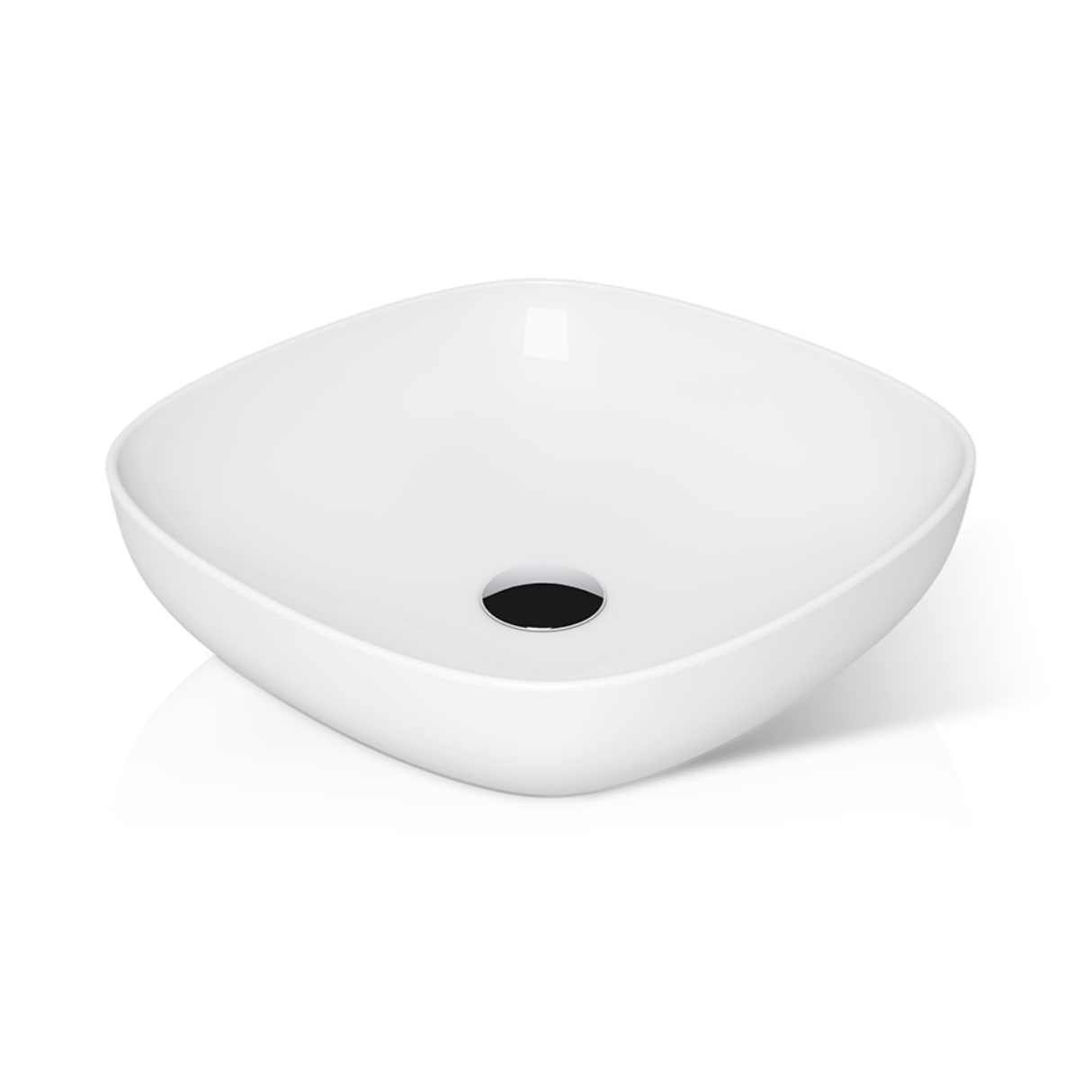 White oblong above-counter basin with curved sides and centered black drain opening.