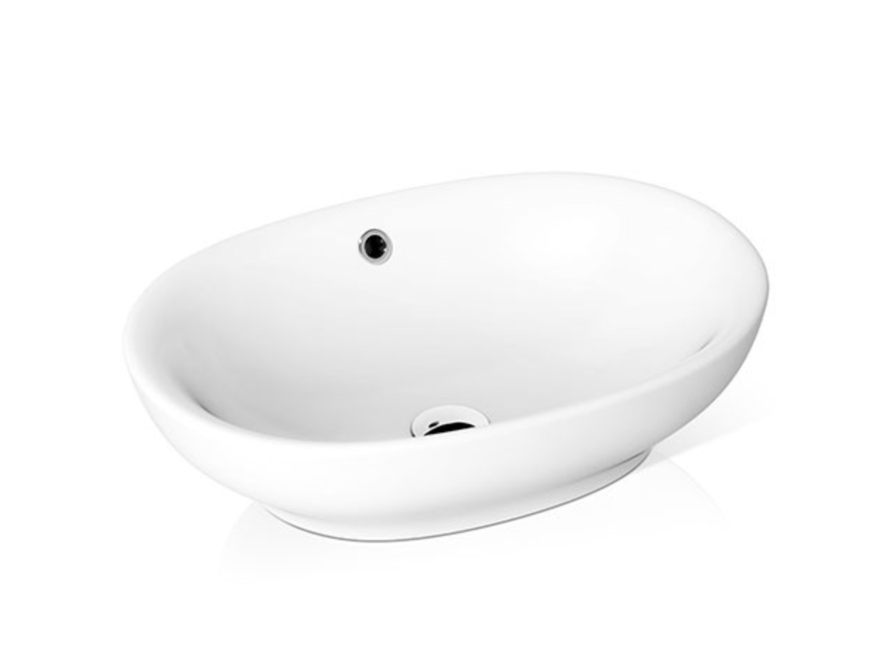 White oval vessel sink with single drain hole and chrome overflow opening.