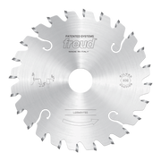 Circular saw blade with conical scoring teeth, center hole, and Freud branding on silver metallic surface.