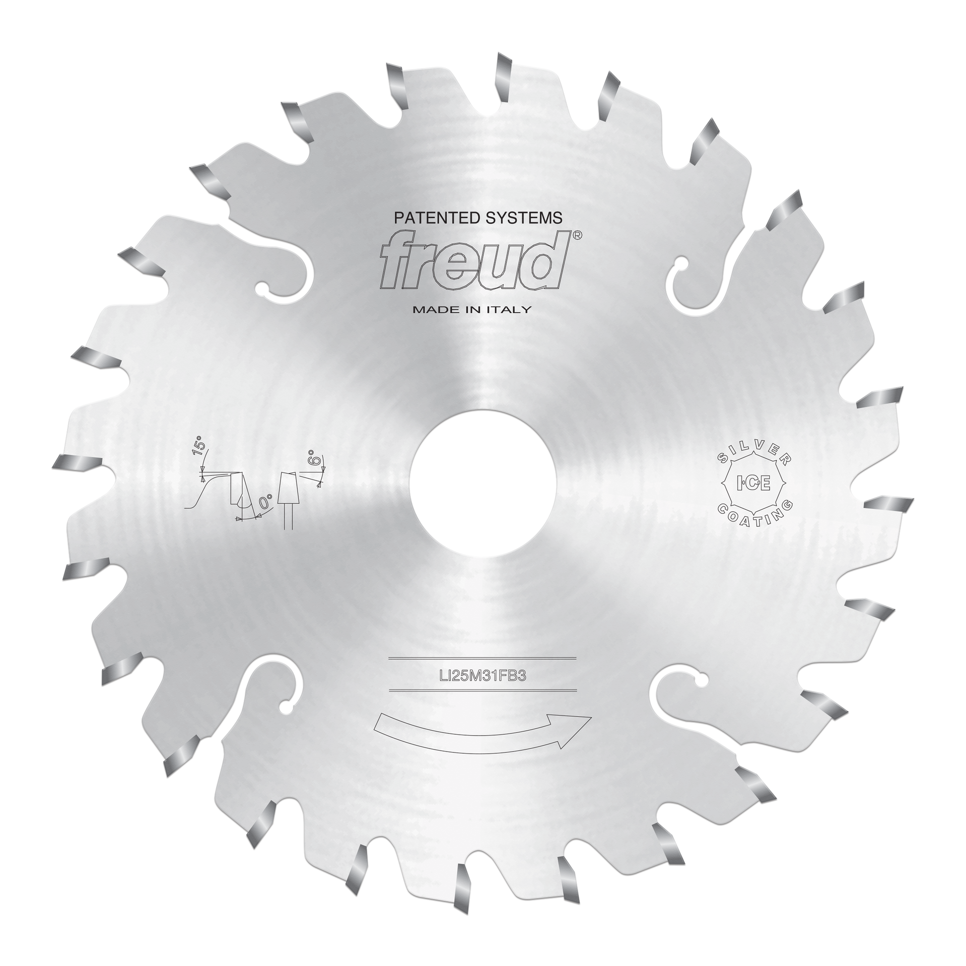 Circular saw blade with conical scoring teeth, center hole, and Freud branding on silver metallic surface.