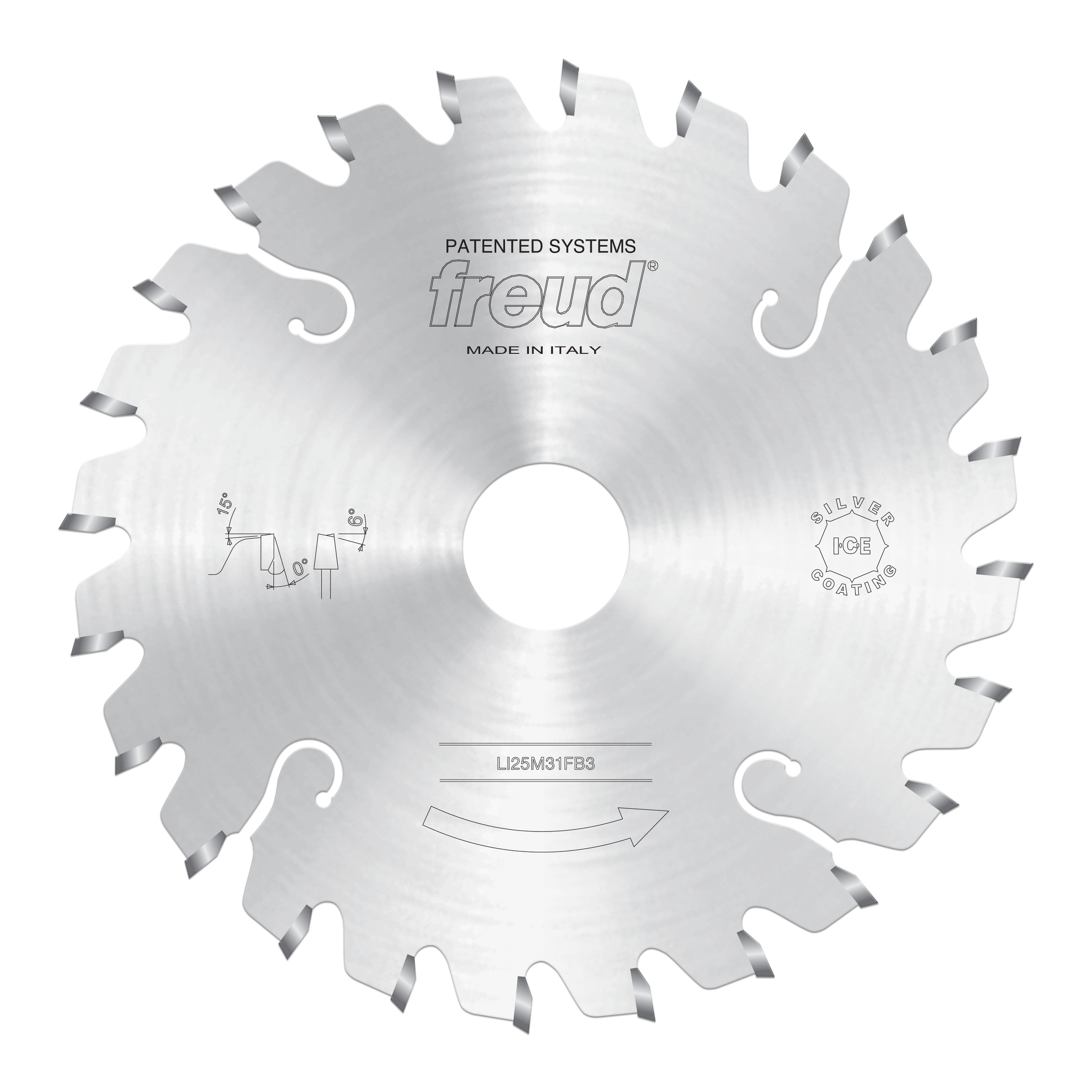 Circular saw blade with conical scoring teeth, center hole, and Freud branding on silver metallic surface.