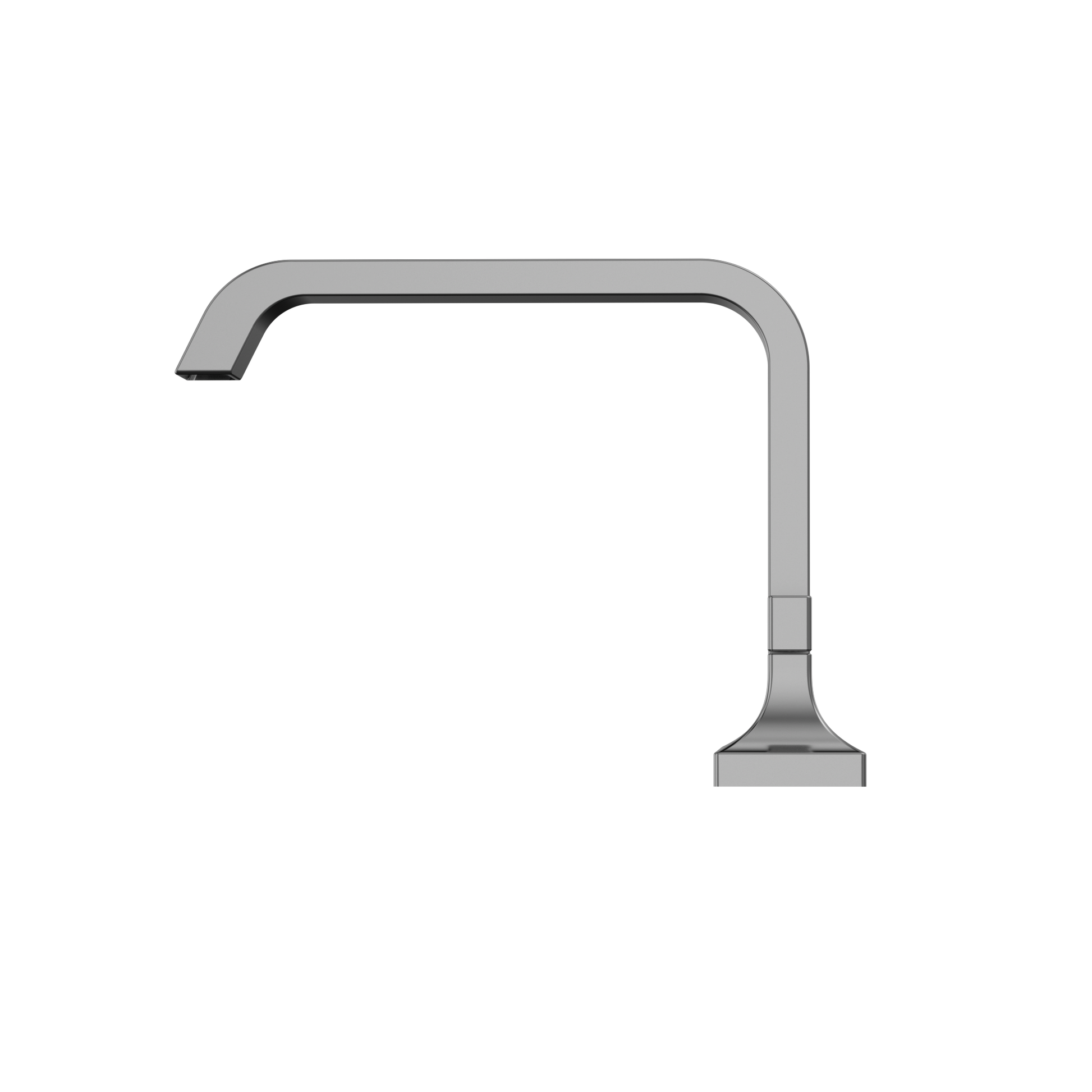 Polished chrome nickel deck-mount roman tub filler spout with curved design and rectangular base.