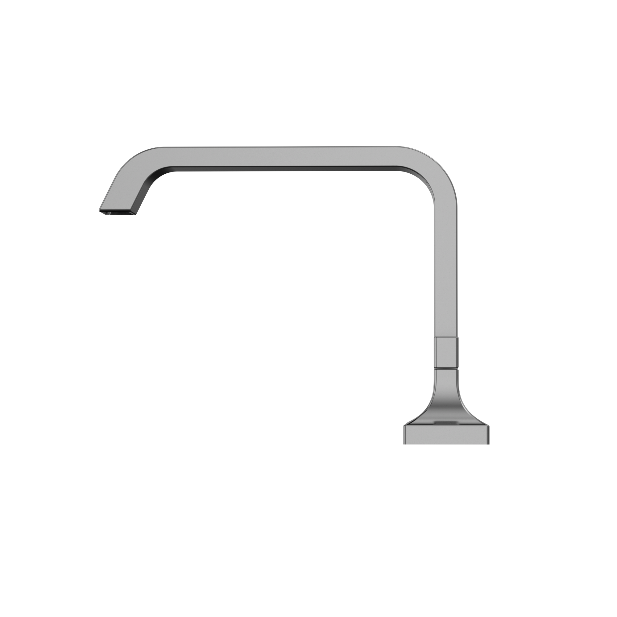 Polished chrome nickel deck-mount roman tub filler spout with curved design and rectangular base.