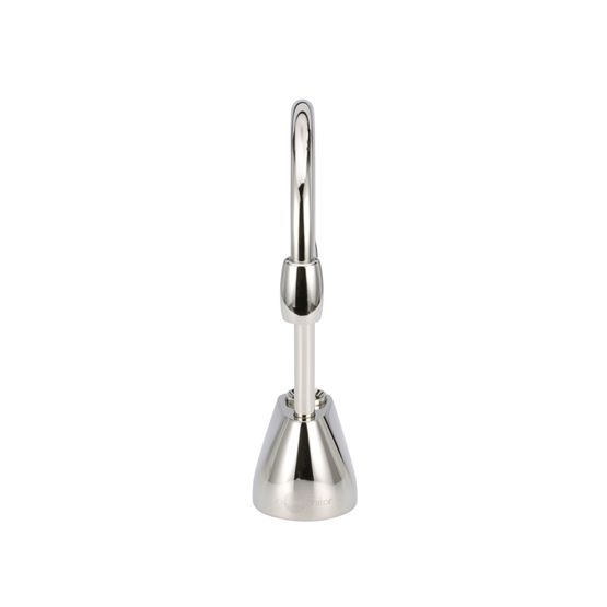 Polished nickel instant hot water dispenser faucet with tall curved spout and conical base.