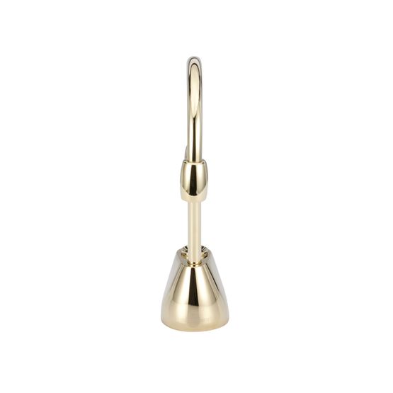 French gold instant hot water dispenser faucet with contemporary curved spout and cone-shaped base.