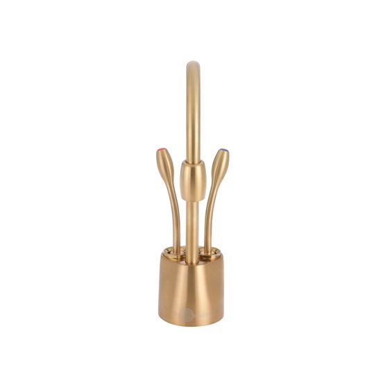 Brushed bronze instant hot and cold water faucet with tall curved spout and dual side handles.