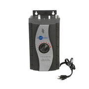 Insinkerator instant hot water tank with black and silver casing, temperature dial, and attached power cord.