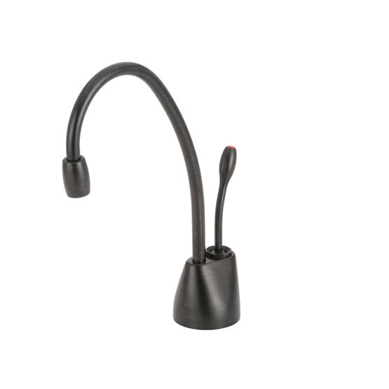 Oil rubbed bronze instant hot water dispenser faucet with curved gooseneck spout and single lever handle.