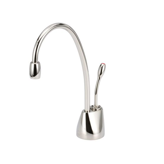 Polished nickel instant hot water dispenser faucet with curved gooseneck spout and single lever handle.