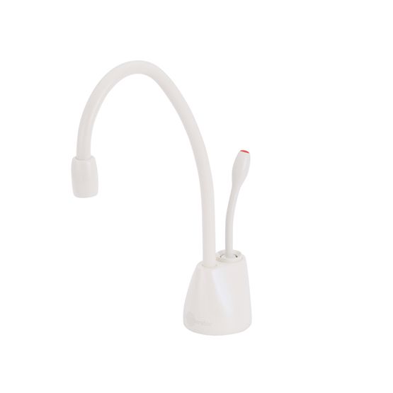 Biscuit-colored instant hot water dispenser faucet with curved gooseneck spout and separate control handle.