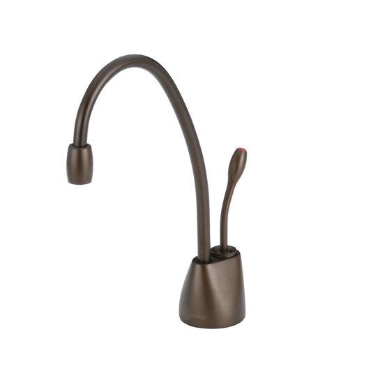 Mocha bronze instant hot water dispenser faucet with curved gooseneck spout and control handle.