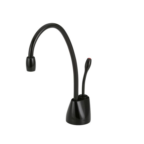 Gloss black instant hot water dispenser faucet with curved spout and control handle on rounded base.