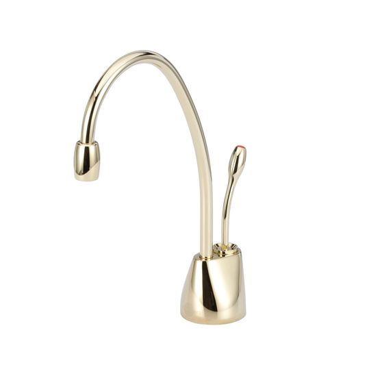 French gold instant hot water dispenser faucet with curved gooseneck spout and single lever handle.