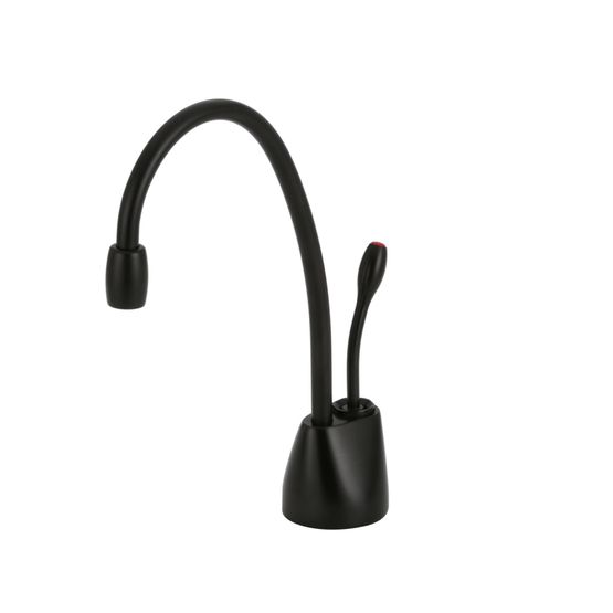 Matte black instant hot water dispenser faucet with curved spout and separate control handle on cone-shaped base.
