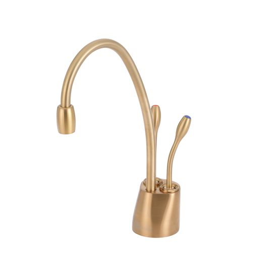 Brushed bronze instant hot and cold faucet with curved spout and dual control handles.