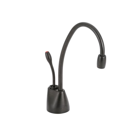 Oil rubbed bronze instant hot water dispenser faucet with curved spout and side lever handle.