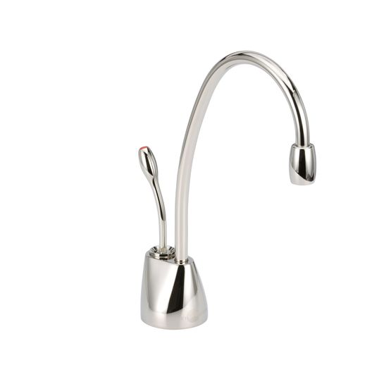 Polished nickel instant hot water dispenser faucet with curved spout and single lever handle.