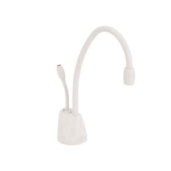 Biscuit-colored instant hot water dispenser faucet with curved spout and small side lever handle.