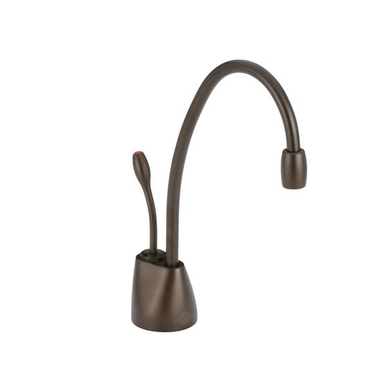 Mocha bronze instant hot water dispenser faucet with curved spout and single lever handle.