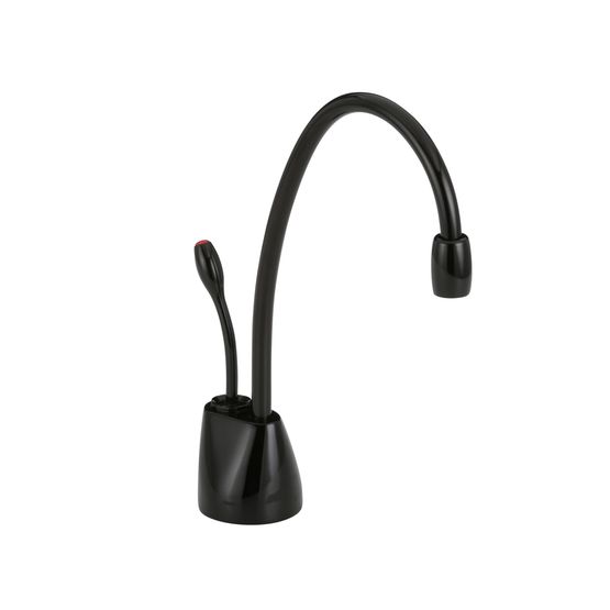 Gloss black instant hot water dispenser faucet with curved spout and lever handle.